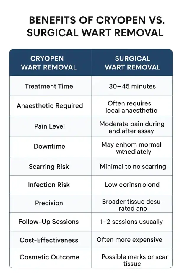 Table showing the benefits of cryopen to remove warts Bognor Regis compared to surgical treatment