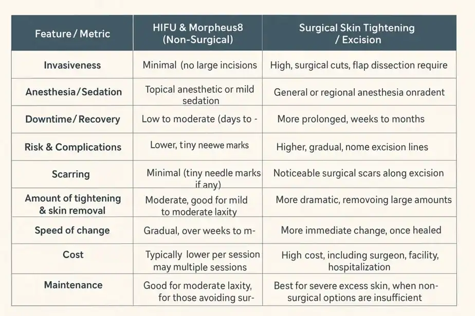 Table showing benefits of Lipo Freeze 2 U Bognor Regis treatments for skin tightening following weight loss injections.